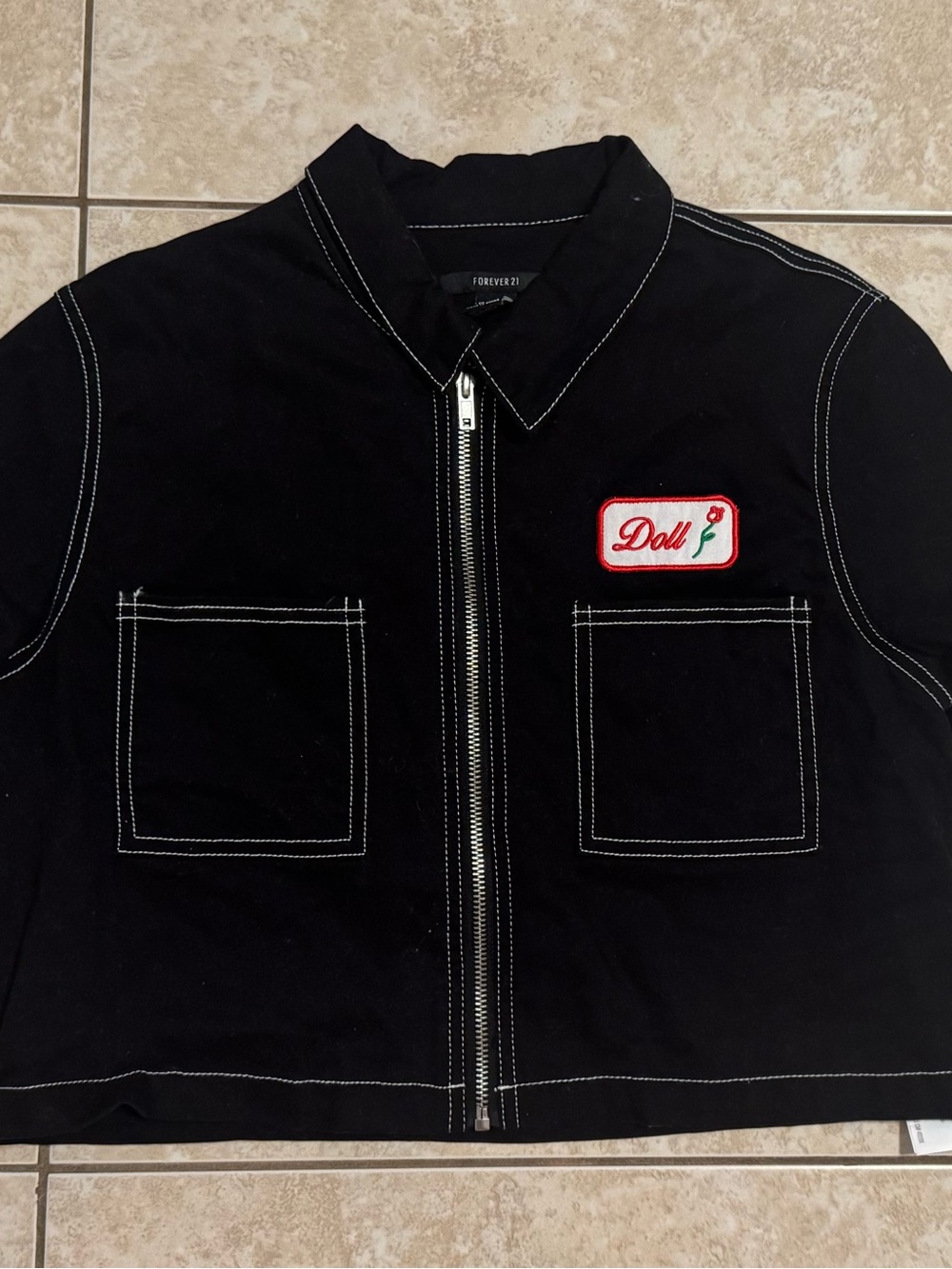 Forever 21 Black Crop Zip-Up Top with Red 'Doll' Patch